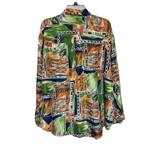 VTG Silk's Brand 100% Silk Long Sleeve Blouse Geometric Design Earth Tones 1X - Picture 3 of 5